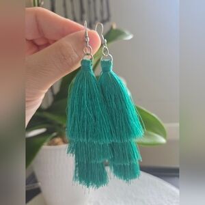 Festive Boho Layered Teal / Green Tassel Earrings